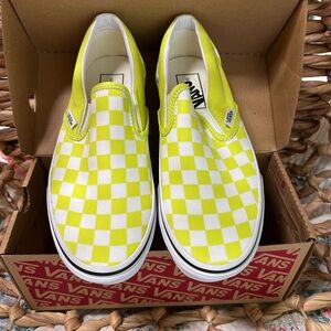 Vans Kids / Youth Neon Yellow Checkered Slip-On Sneakers 6.5 Women - 5 Men